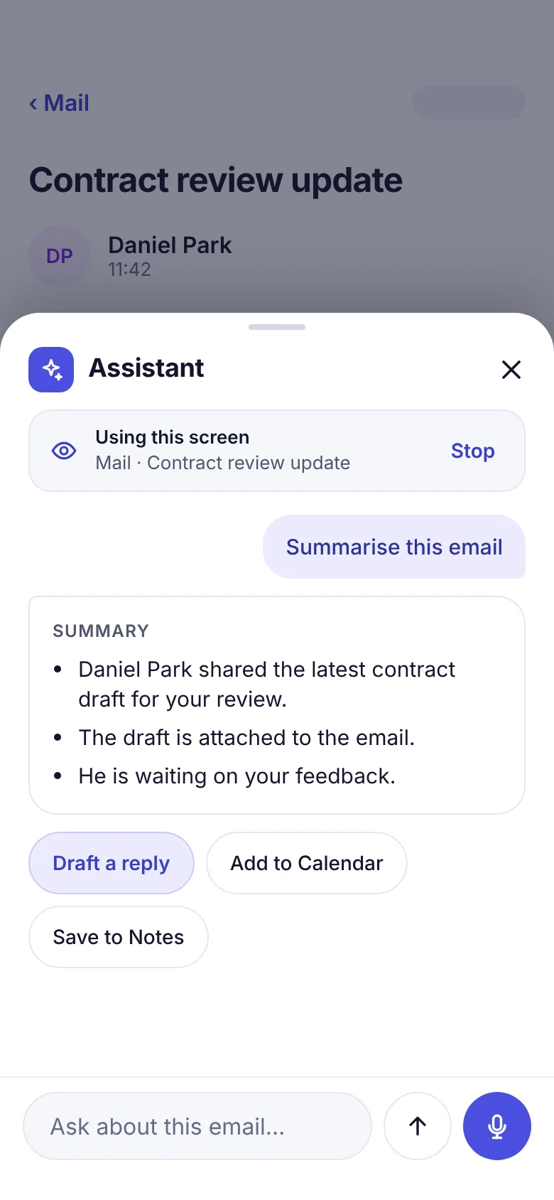 Assistant sheet over an email, showing a summary and suggested actions.