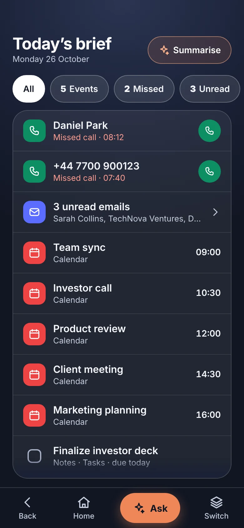 Full brief with filters for events, missed calls, unread email and tasks.