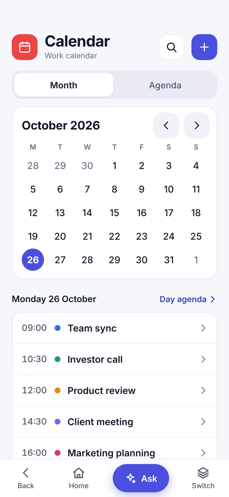 Calendar month view with the day's agenda below.