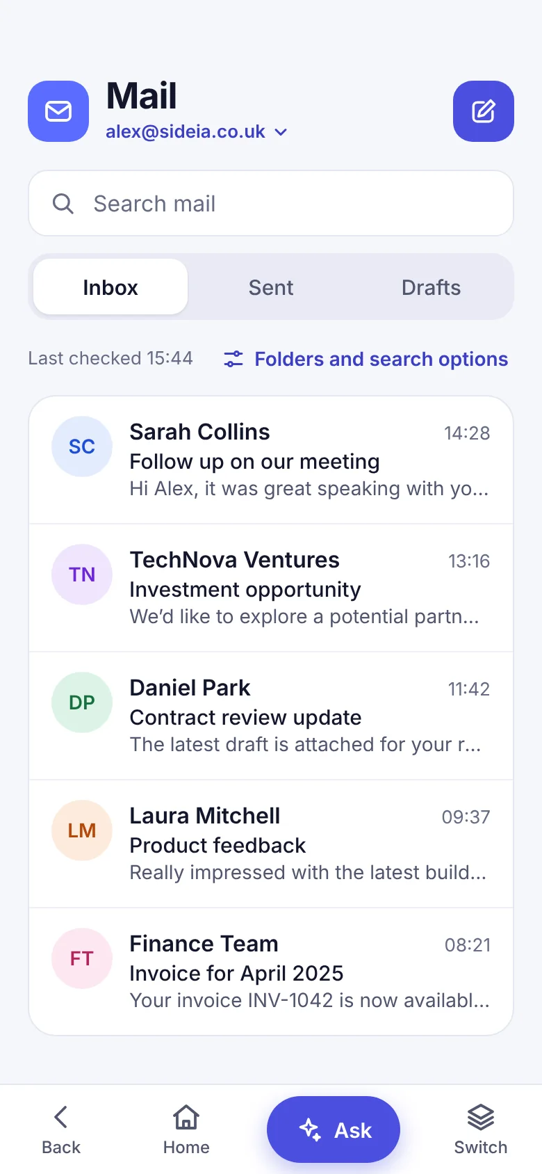 Work inbox with a search field and Inbox, Sent and Drafts tabs.