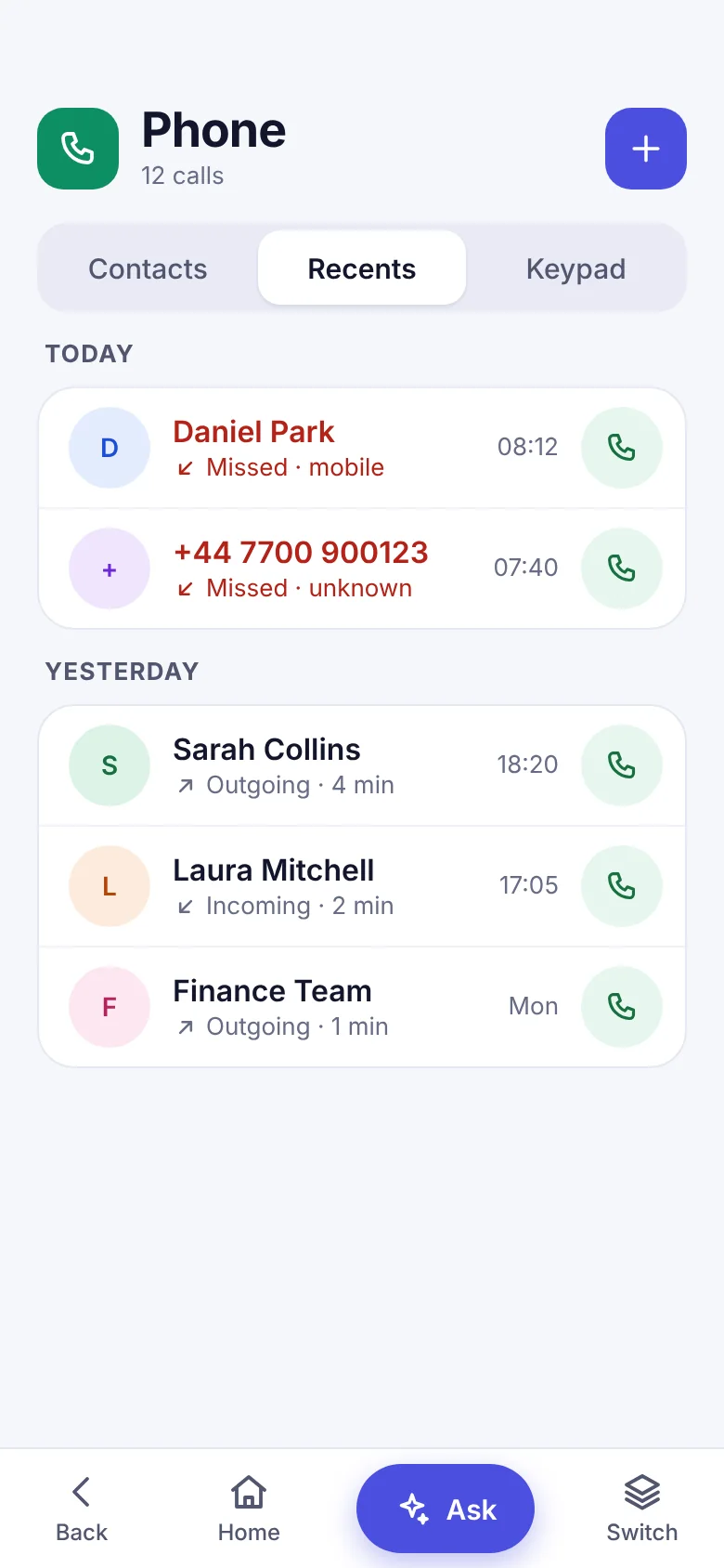 Phone with Contacts, Recents and Keypad tabs and a list of recent calls.