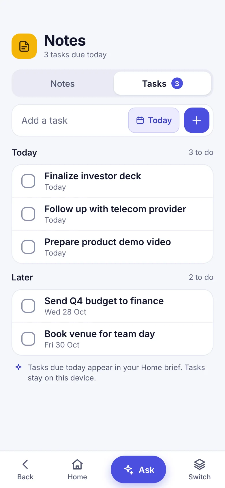 Notes with a Tasks tab, an add-task field and tasks grouped by Today and Later.